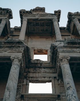 Close-up view of the ancient Roman Library of Celsus facade in Ephesus, showcasing grand marble columns.