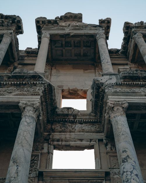 Free Close-up view of the ancient Roman Library of Celsus facade in Ephesus, showcasing grand marble columns. Stock Photo