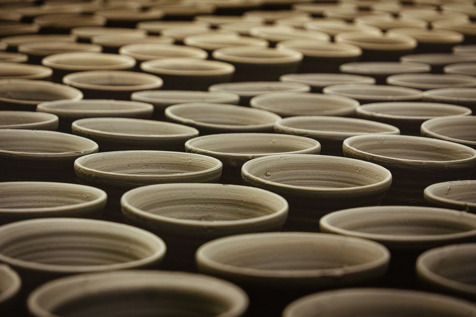 Hand-painted Horezu ceramic pottery in a Romanian artisan workshop