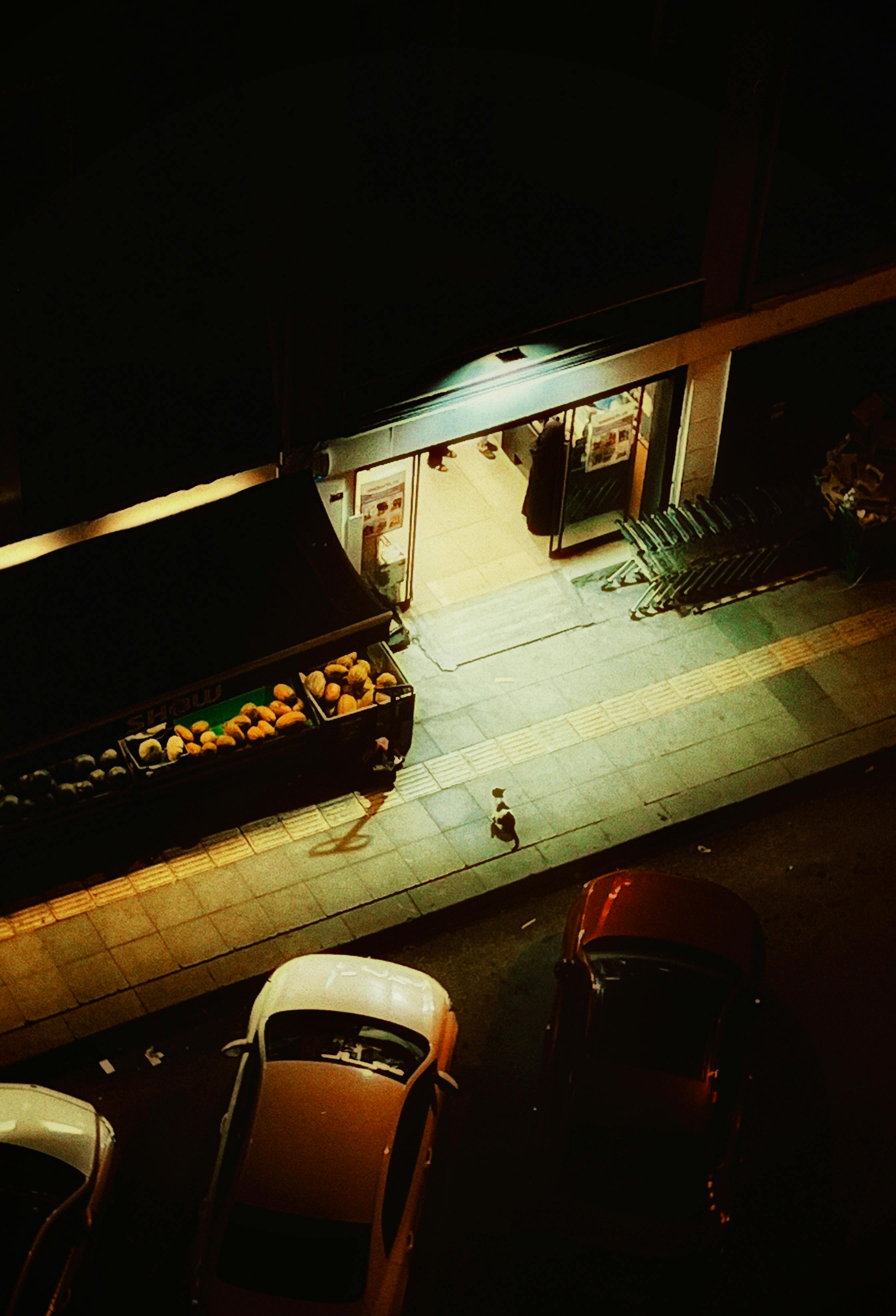 免费 夜间街道的鸟瞰图，有汽车、行人和杂货店。 素材图片