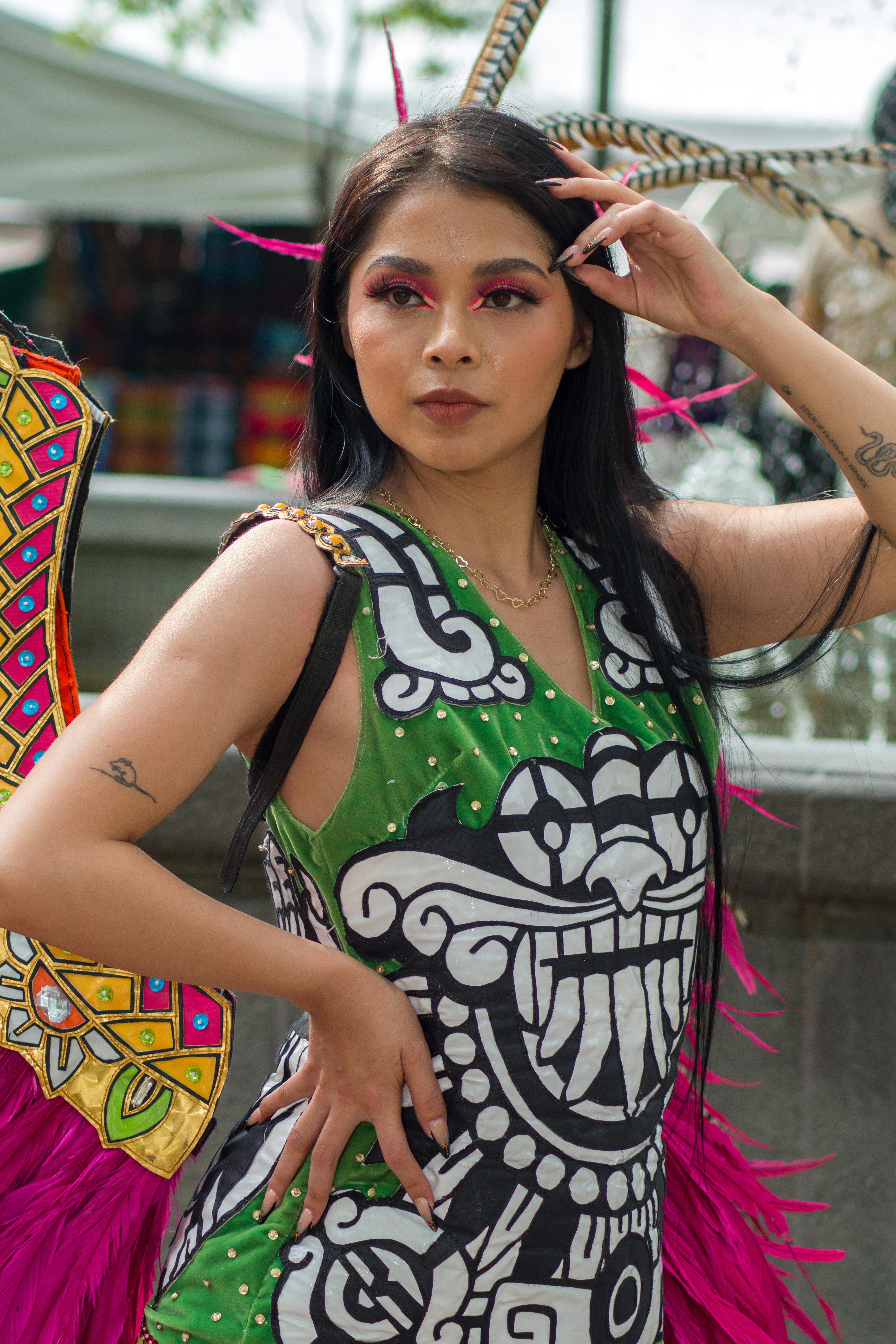 Free Woman in vibrant traditional attire posing confidently in Tlaxcala, México square. Stock Photo