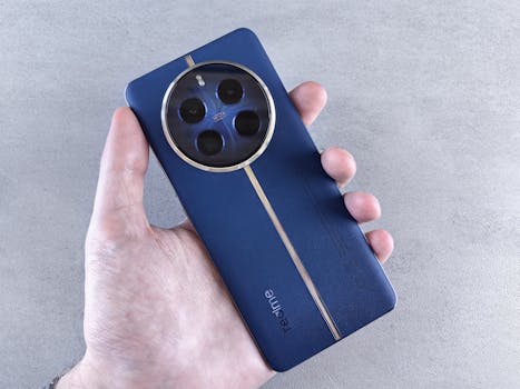 Close-up of a hand holding a blue smartphone featuring a triple camera design on a gray background.