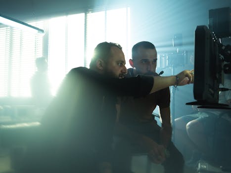 Film crew collaborating on set with cinematic lighting in Baghdad, Iraq, showcasing teamwork and creativity.