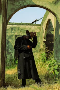 Man in a coat and hat in an abandoned, overgrown structure, striking a dramatic pose.