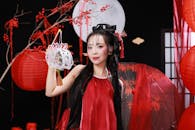 Traditional Asian Costume with Lanterns Indoors