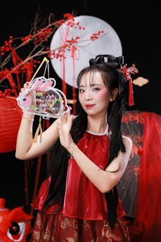 Woman in traditional Asian attire poses with decorative fan in festive setting with full moon backdrop.