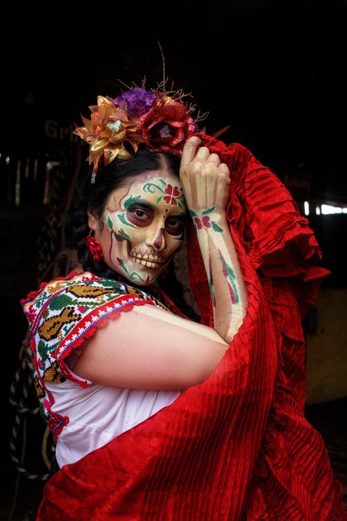 Free A colorful portrait of a woman dressed as a Catrina for Day of the Dead in Mexico City. Stock Photo