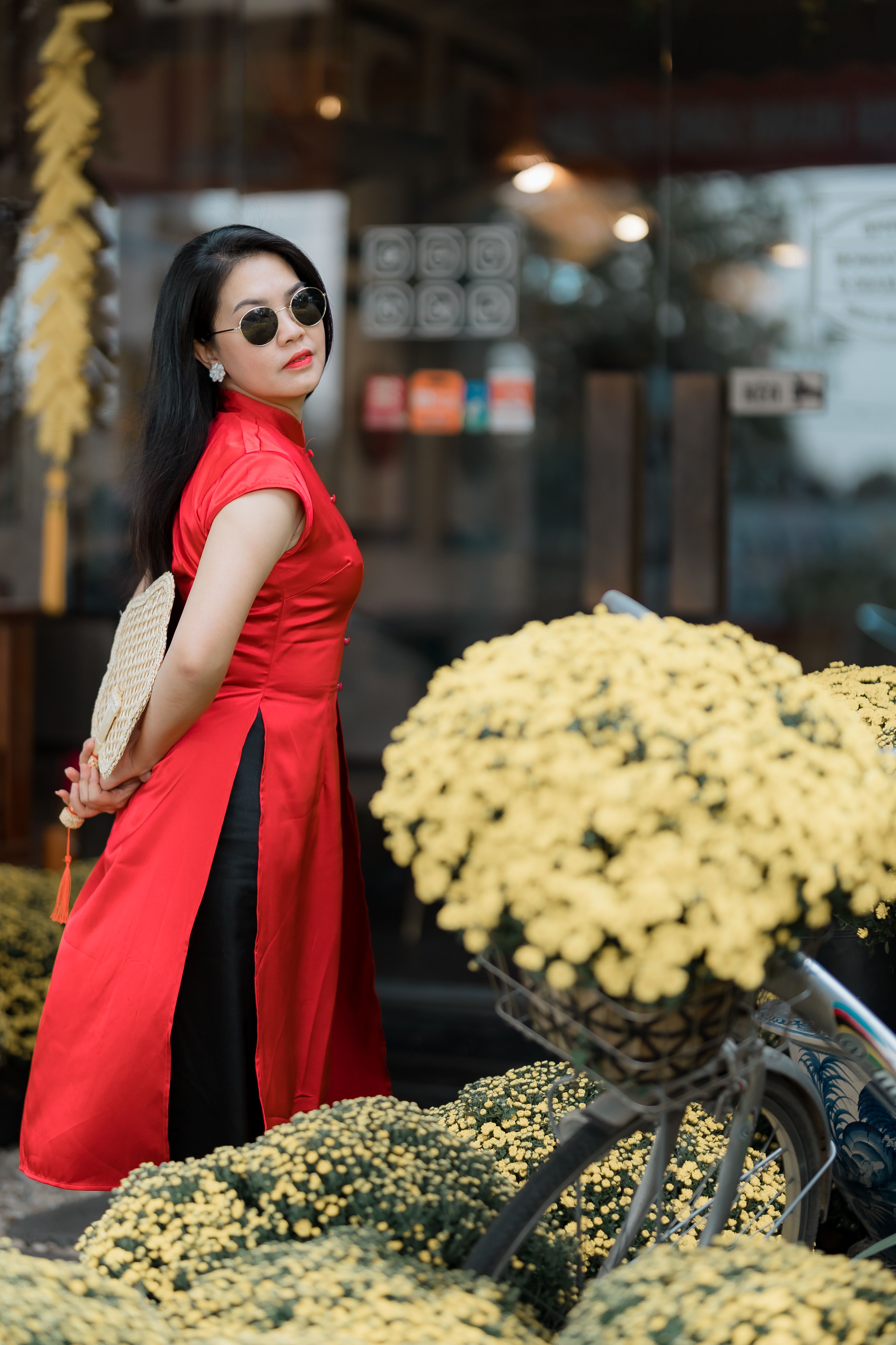 Elegant Woman in Red Dress with Sunglasses Outdoors · Free Stock Photo