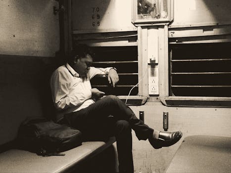 A man sits alone in a vintage train carriage, engrossed in his phone.