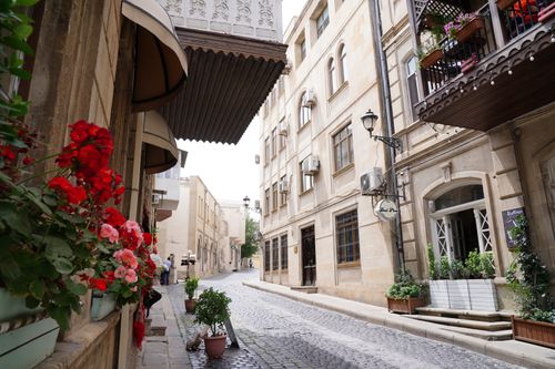 Free A picturesque cobblestone street with flowers and classic architecture in a historic district. Stock Photo