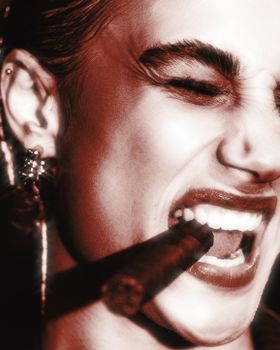 Close-up portrait of an individual expressing emotion while holding a cigar.