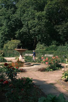 A peaceful summer day in a vibrant Berlin park garden with blooming flowers.