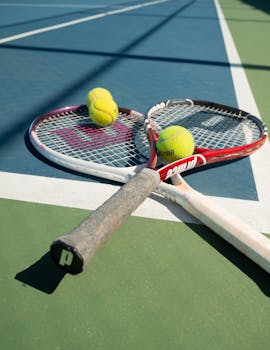 Tennis equipment laid out on a court in San Francisco, capturing a classic sports scene.