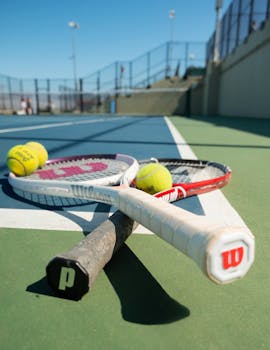 Tennis rackets and balls on a court under clear skies in San Francisco.