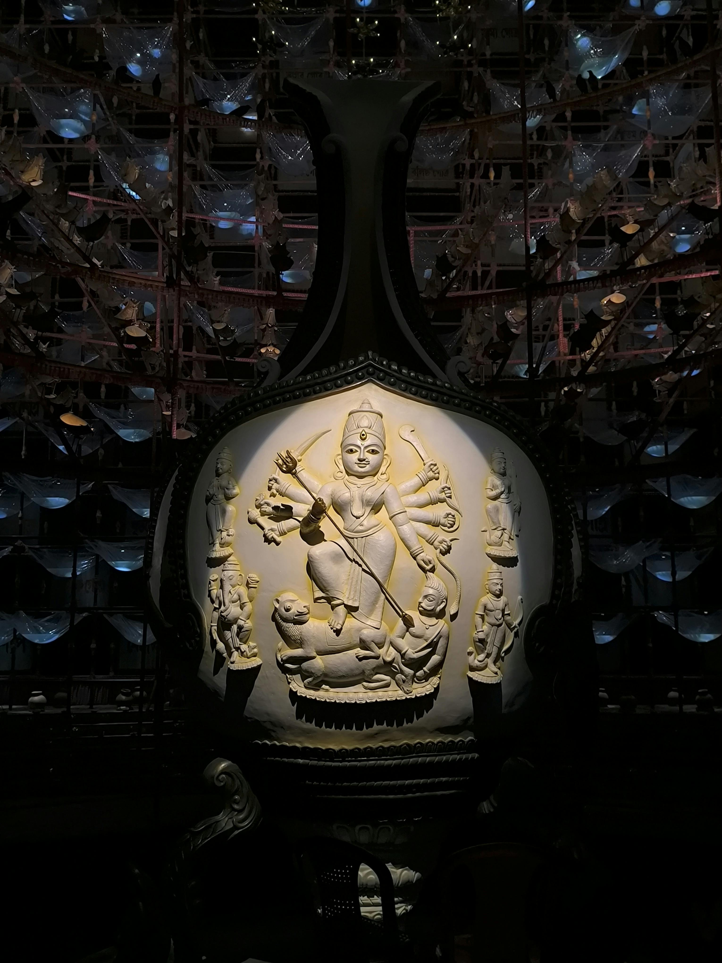 Free Captivating idol of Goddess Durga during Durga Puja in Kolkata, highlighting traditional Bengali art. Stock Photo