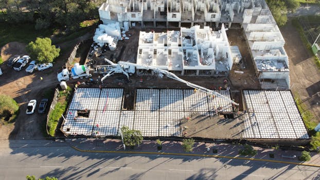 Aerial view of a construction site with foundation and building structures in progress in León, Mexico.