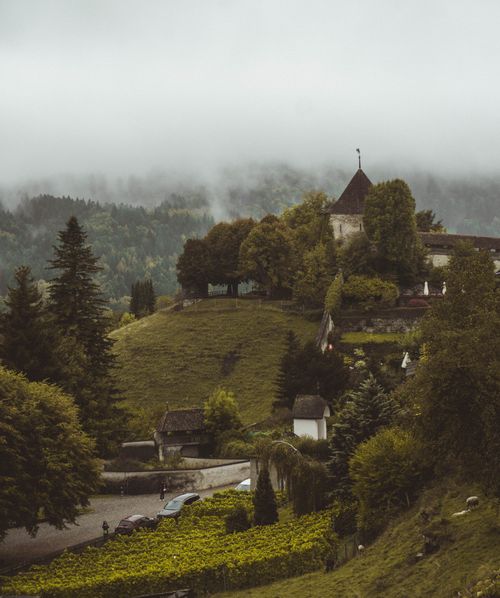 Free Enchanting view of Gruyères Castle amidst foggy hills and lush greenery. Stock Photo