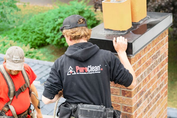 Professional chimney inspection on rooftop