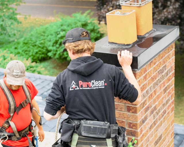 Roofers on a wooded home Two roofers inspecting a chimney on a rooftop in a wooded neighborhood