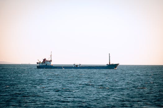A cargo ship sails through the tranquil waters in İstanbul, showcasing maritime transport.