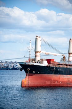 A large cargo ship sails on the Bosphorus under blue skies in İstanbul, Türkiye.