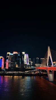 Stunning view of Chongqing's illuminated skyline and bridge at night, reflecting in the river.
