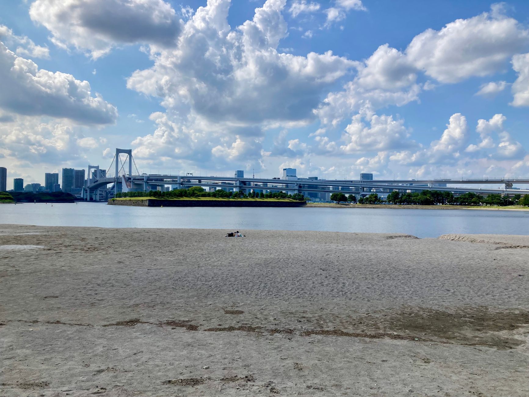 A stunning view of Odaiba beach with the iconic Rainbow Bridge and Tokyo skyline on a clear day.
