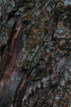 Detailed texture of aged tree bark with moss growth, showcasing nature's patterns.