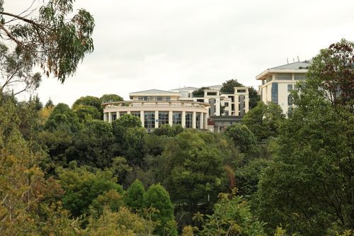 Free Modern architecture amidst dense greenery under cloudy skies, showcasing harmony with nature. Stock Photo