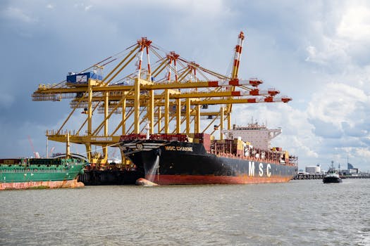 Large container ship at Bremerhaven, Germany port with cranes under a cloudy sky.