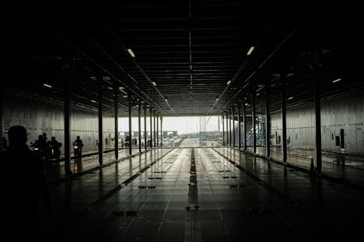 Silhouette of people inside a ferry dock in Denmark with light streaming from the exit.