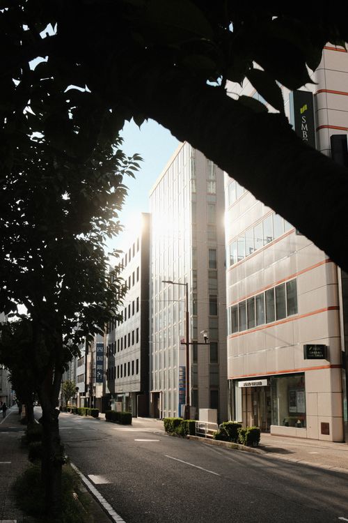 Free City street with modern buildings and morning sunlight. Stock Photo