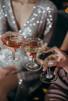 庆祝活动中，三个人穿着闪闪发光的服装，碰杯畅饮装满的鸡尾酒