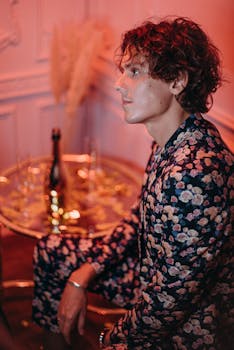 一位时尚男士身穿花卉套装，坐在室内，背景优雅，散发着时尚气息