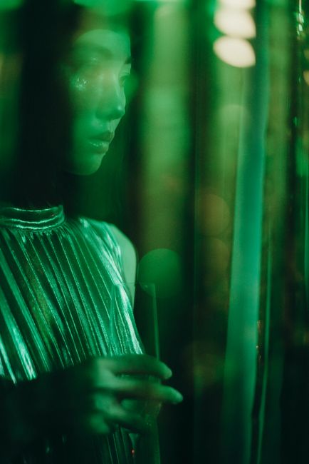 Stylish portrait of a woman holding a champagne glass in green light, conveying sophistication.