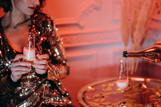 一名身穿亮片连衣裙的女子在舒适的室内庆祝活动中享用香槟