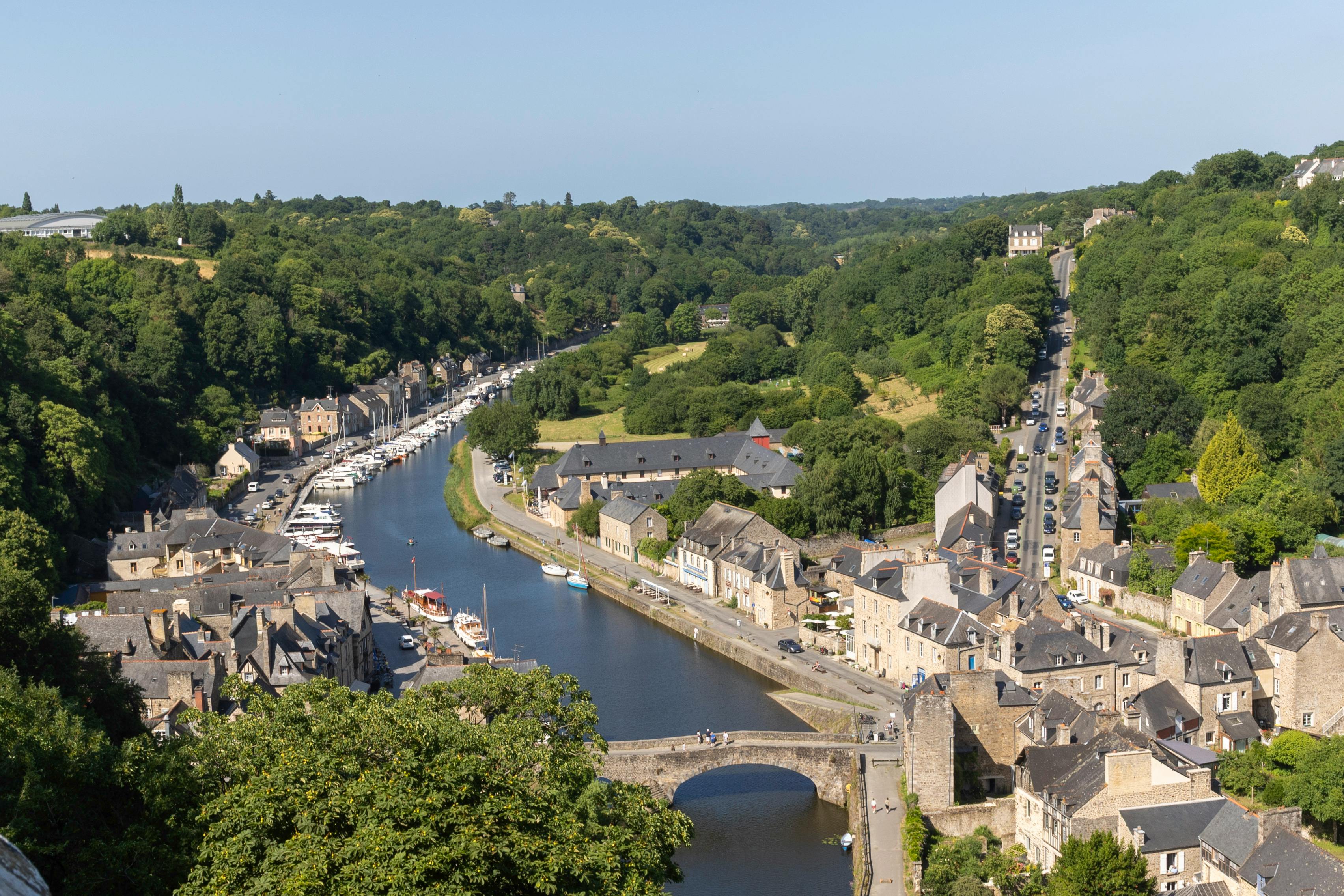 A picturesque aerial view of Dinan's charming riverside village in Brittany, France.