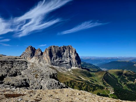 Panoramic view of Sella Group in the Dolomites on a clear day.