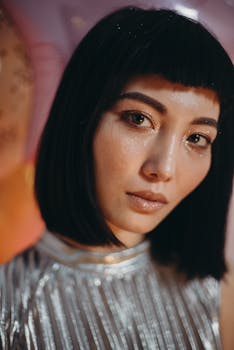 这是一张女性特写肖像，她妆容闪亮、发型时尚，身着金属质感的服装