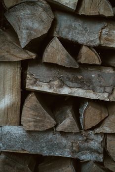 Close-up of stacked firewood logs, perfect for rustic decor or winter heating concepts.
