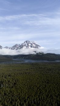 Scenic view of a majestic mountain with snow-capped peaks and lush forest below, captured on a clear day.