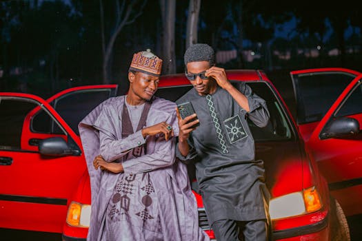 Stylish men in traditional clothes leaning on a red car under night sky.