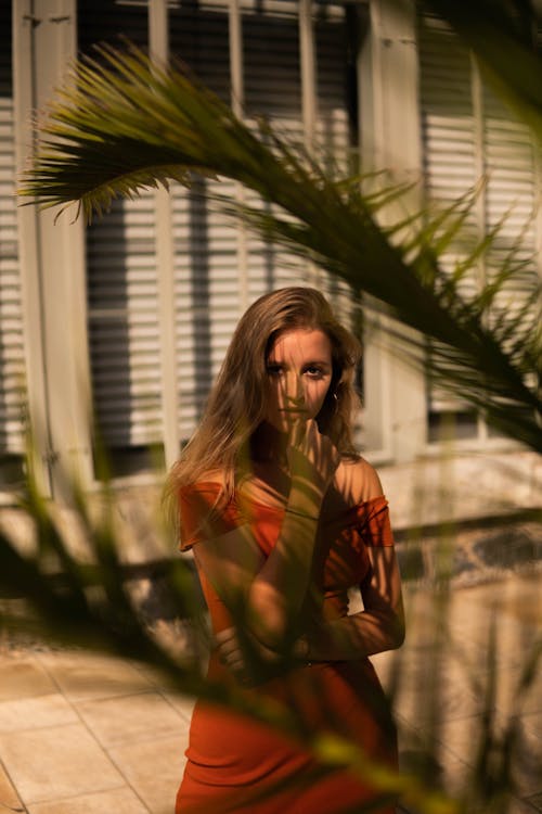 gratis Vrouw Draagt Oranje Off Shoulder Top Staande In De Buurt Van Palmboom Tijdens Zonnige Dag Stockfoto