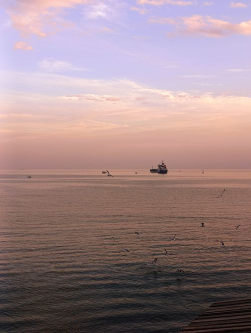 Free Peaceful sunset scene with ships and seagulls over the Mediterranean Sea in Antalya. Stock Photo