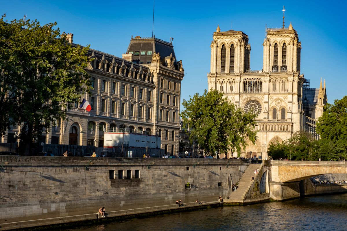 Notre-Dame Cathedral seen across the Seine on the Ile de la Cite, Paris