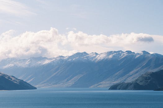 Scenic view of snow-capped mountains and a tranquil lake in New Zealand, under a partly cloudy sky.
