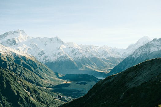 Scenic landscape with snow-covered peaks and lush valleys in New Zealand's Aoraki National Park.