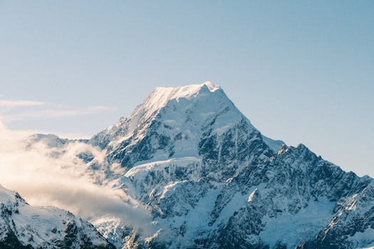 Pristine snow-covered Mount Cook under a clear sky in New Zealand's majestic landscape.
