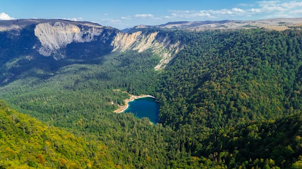 Stunning aerial view of a forested valley with a serene lake in Bolu, Türkiye.