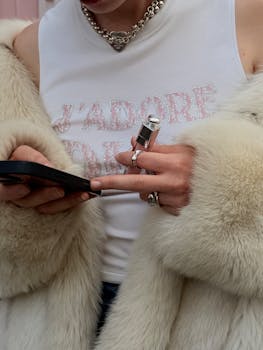Chic style holding perfume bottle and phone in fur coat and jewelry.
